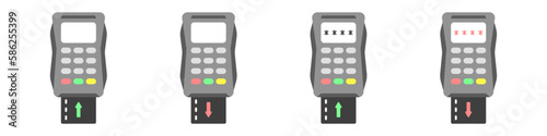 Bank terminal for card payment vector. Set of POS Terminals. Approved payment. Payment not approved. Enter the pin code for the card. Data processing at the bank terminal.