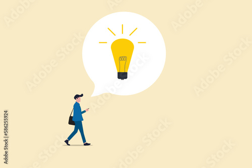 Businessman holding smart phone thinking and got bright lightbulb lamp. Business idea, businessman company leader got solution to solve business problem or creativity thinking concept, smart