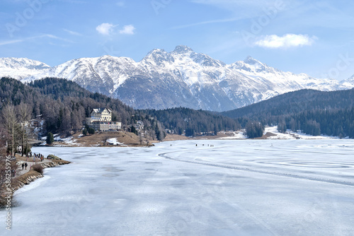 View of St. Moritz, the famous resort region for winter sport and luxury shop