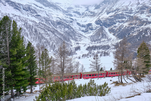 The famous Swiss mountain train of Bernina Express crossed italian and swiss Alps