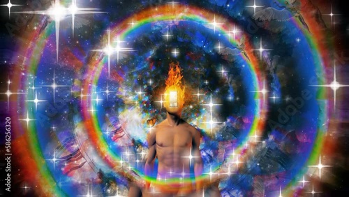 Surreal art. Man with door in burning face. Angels flies around