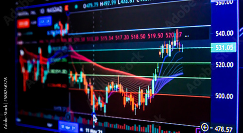 A screen with a colorful display of stock charts. Stock market real time graph