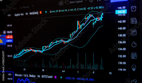 A screen with a colorful display of stock charts. Stock market real time graph photo