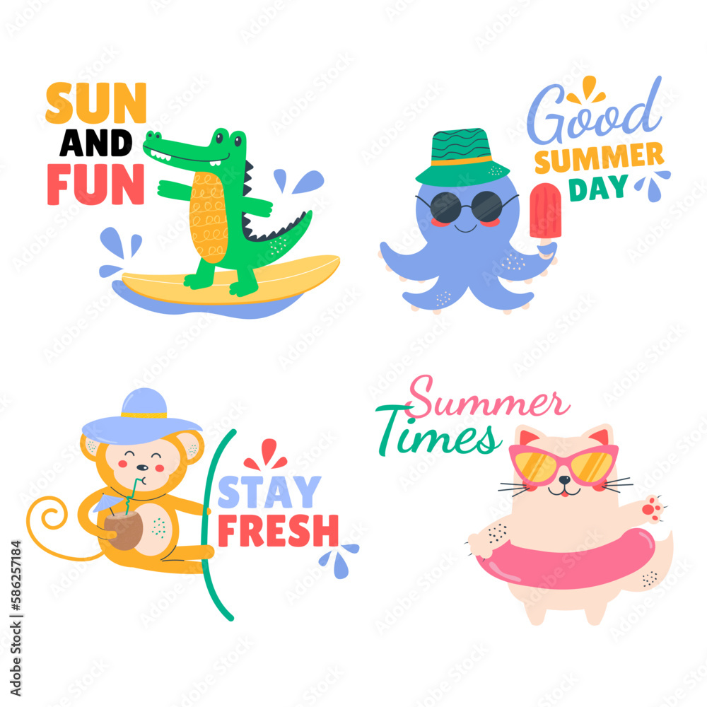 Fototapeta premium Cartoon summer cute kawaii animals. Crocodile, cat, octopus, monkey