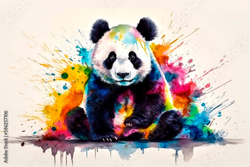 Panda with colorful splashes on white background.