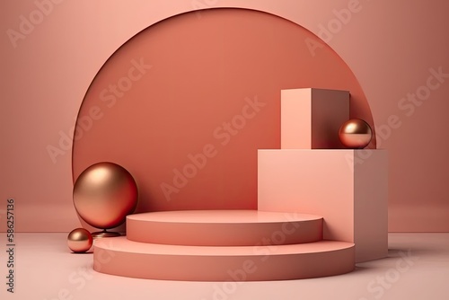 Empty podium  mock up placement display  blank beauty stand for cosmetic product fashion ads on minimal coral background. Luxury pedestal stage mockup scene platform ai generative concept.