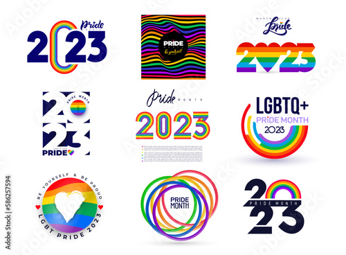 Set of greeting logo for LGBTQIA Pride 2023 Month. Social media post with groovy queer slogans and phrase. Template LGBT rainbow flag colors, love word in heart shape and Gay Pride Loading bar. Vector