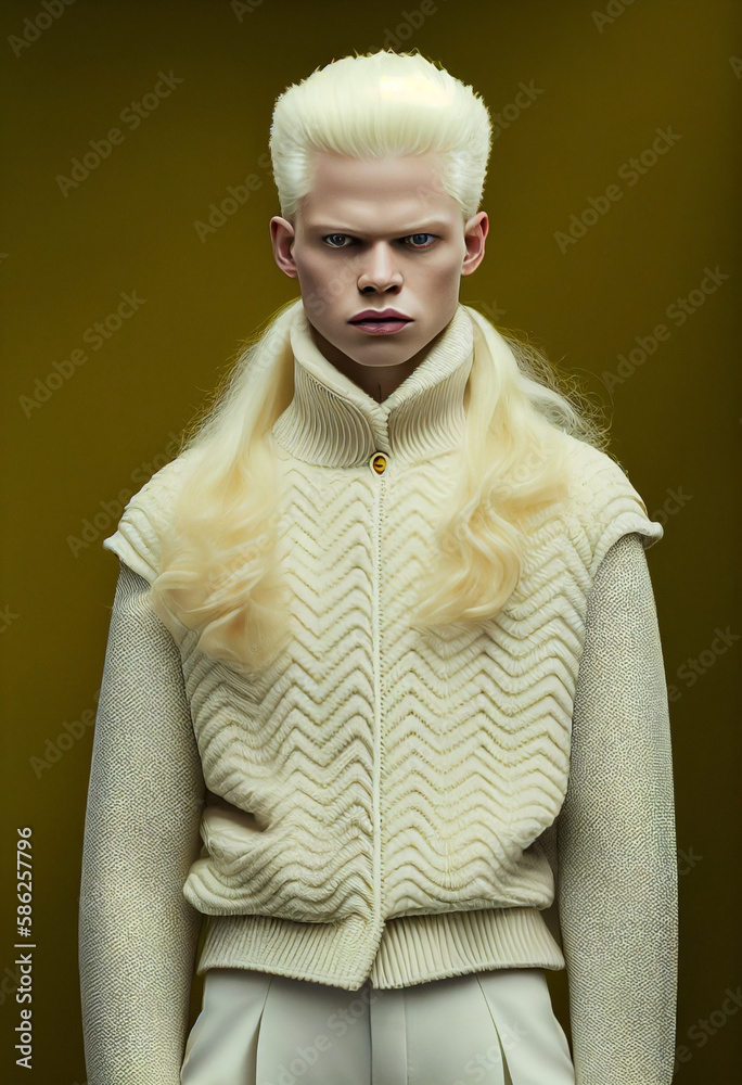 Light and shadow: stylish portrait of albino man. Beauty shot in trend with the diversity and plurality of human persons. Ai generated. Light and shadow: stylish portrait of albino man. Beauty shot in trend with the diversity and plurality of human persons. Ai generated.