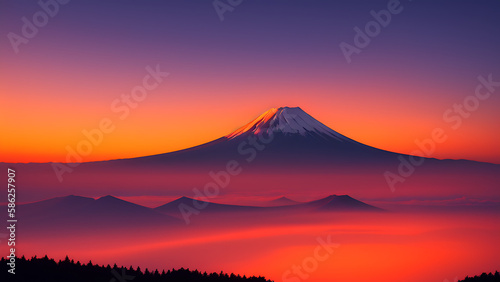 Mount Fuji with clouds and Sunrise in the background, Simple colors, Generative AI Art