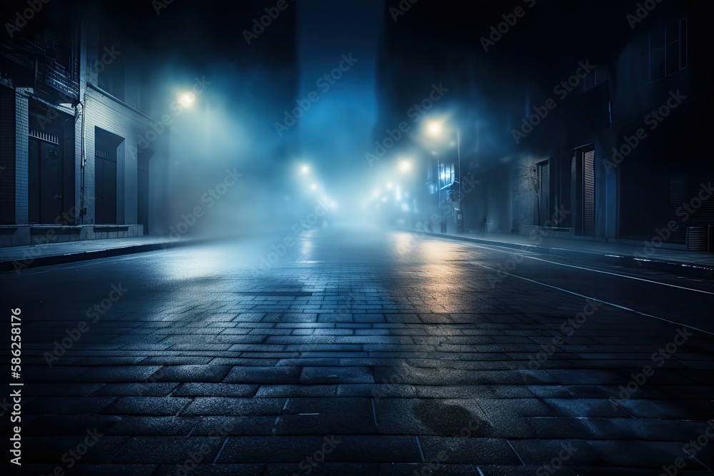 Mysterious Product Showcase Revealed in a Dark Blue, Smokey Street Lit Up by a Spotlight: Generative AI