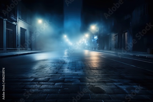 Mysterious Product Showcase Revealed in a Dark Blue, Smokey Street Lit Up by a Spotlight: Generative AI