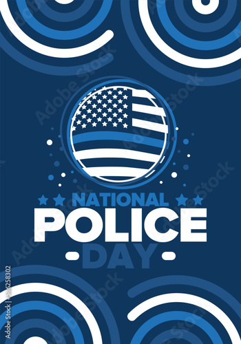 National Police Week in May. Celebrated annual in United States. In honor of the police hero. Police badge and patriotic elements. Officers Memorial Day. Poster, card, banner. Vector illustration