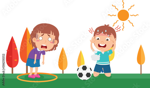 Heat stroke kid boy and girl vector illustration