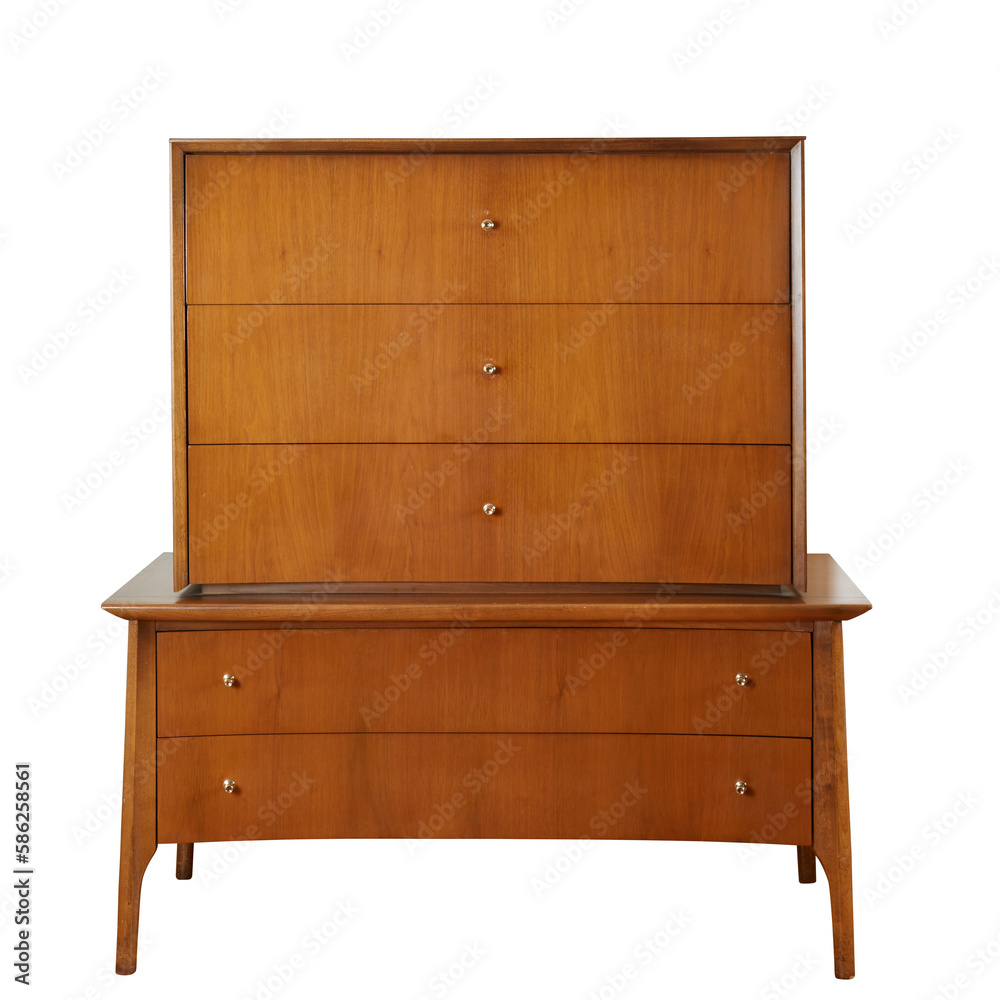 Mid-Century Modern Tall Dresser with unique brass hardware. Vintage set of drawers with no background. Mid-Century Modern Tall Dresser with unique brass hardware. Vintage set of drawers with no background.