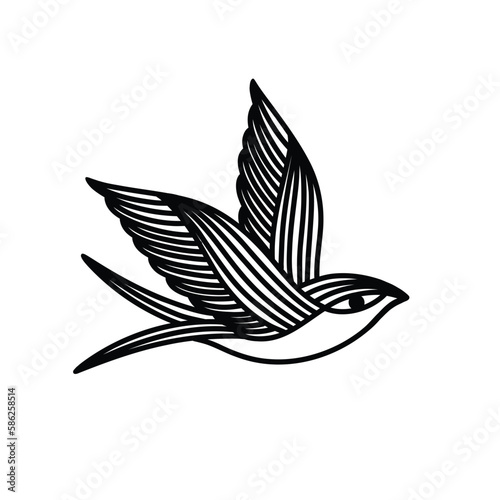 swallow traditional tattoo, vector line black illustration