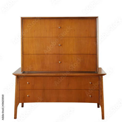 Mid-Century Modern Tall Dresser with unique brass hardware. Vintage set of drawers with no background.