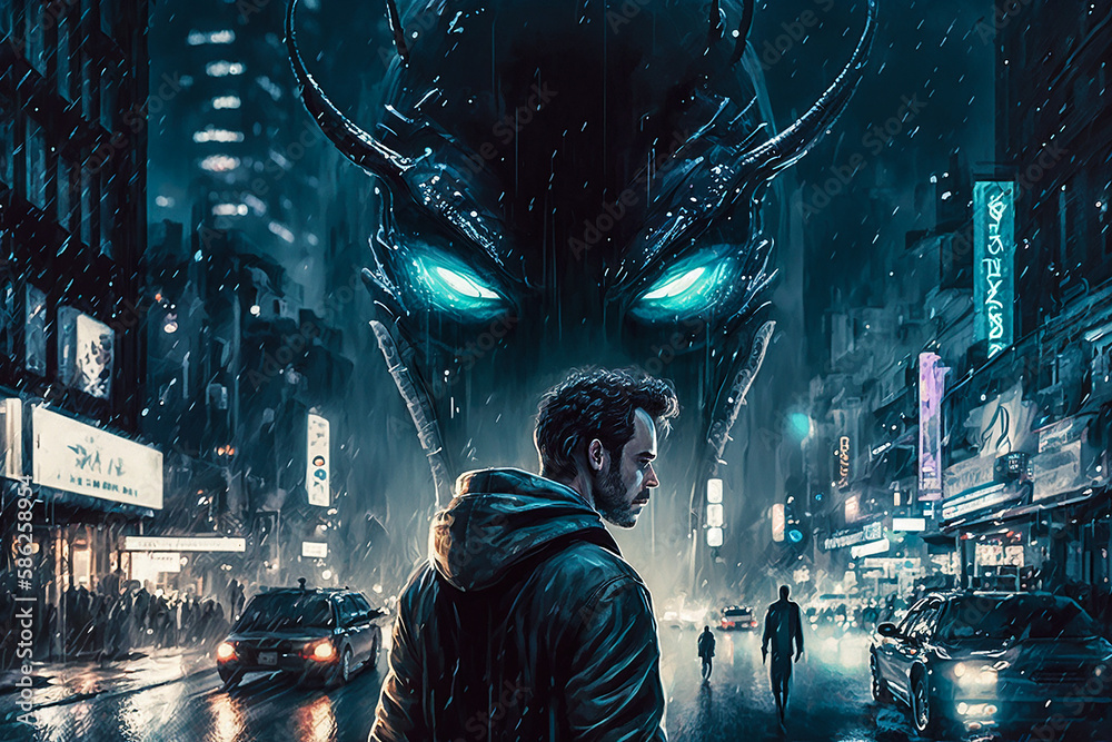 Alien in the City. Generative AI. A digital painting of an alien in the
