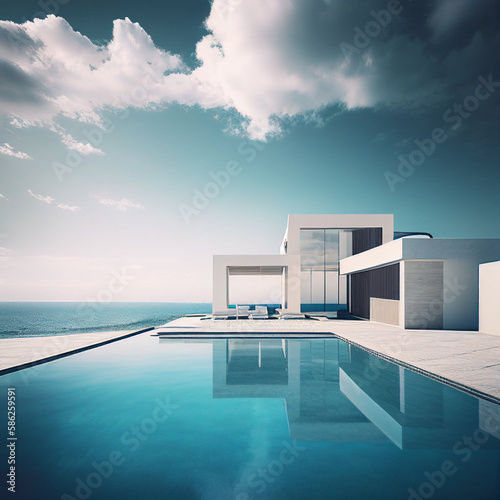 Luxury modern villa with pool and ocean on horizon Generative AI © sean