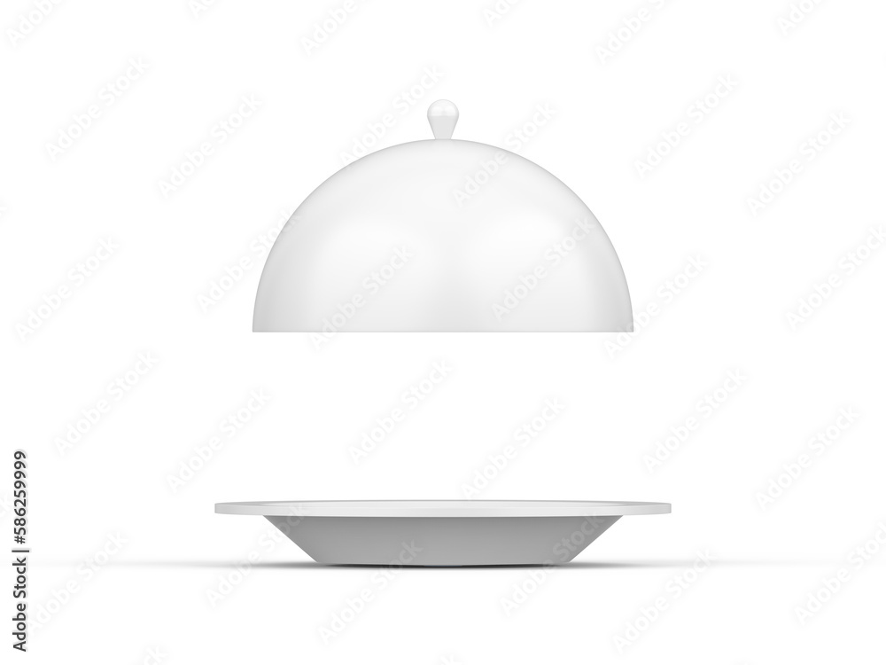 Obraz premium White plastic restaurant cloche plate mockup on isolated white background, 3d render illustration