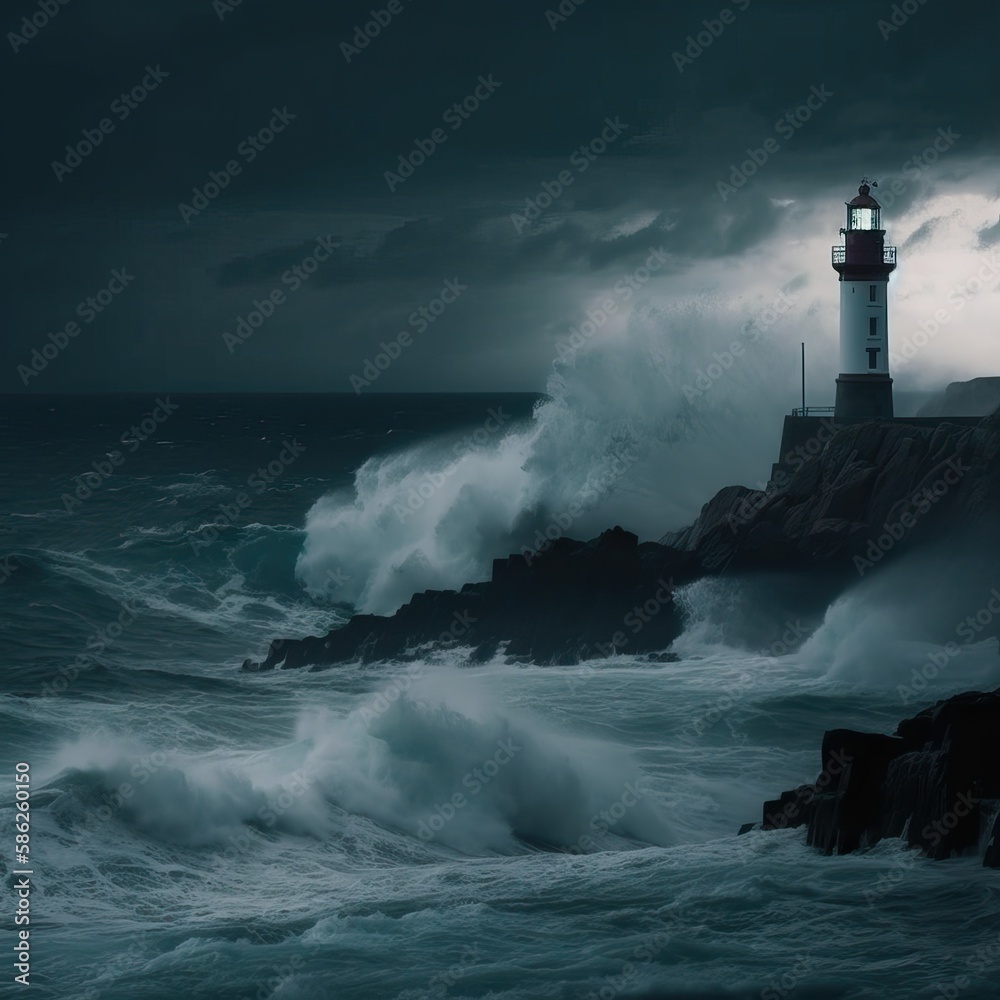 lighthouse on an islet in a stormy weather, generative ai