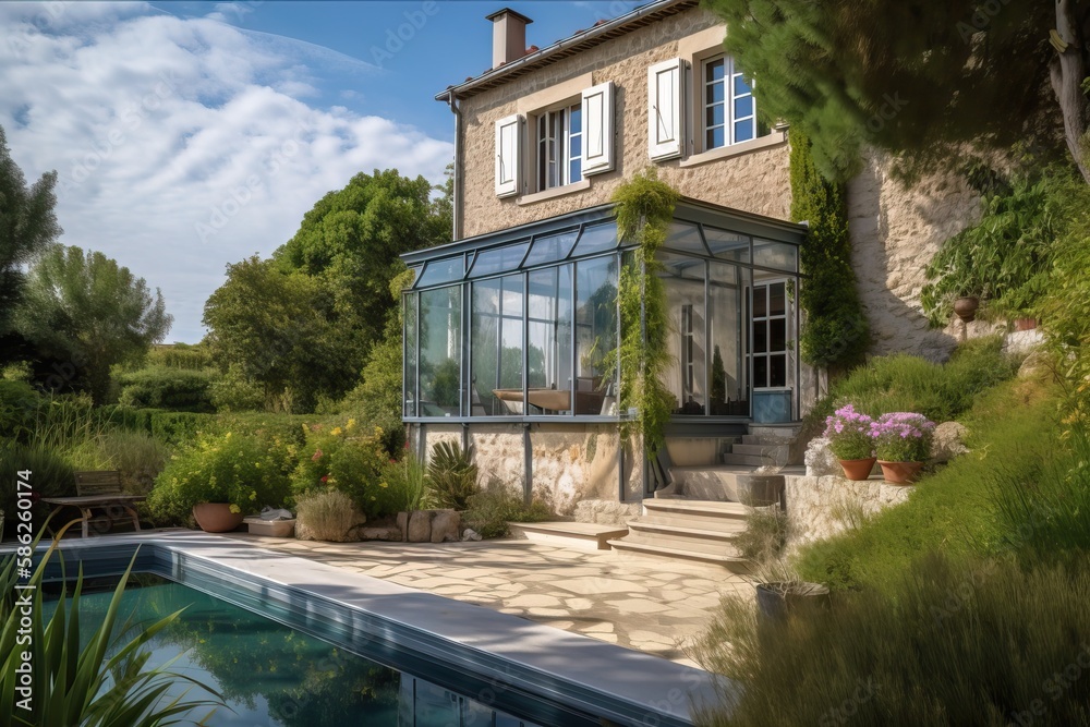 Luxury stone French mansion with veranda pool and garden, generative ai