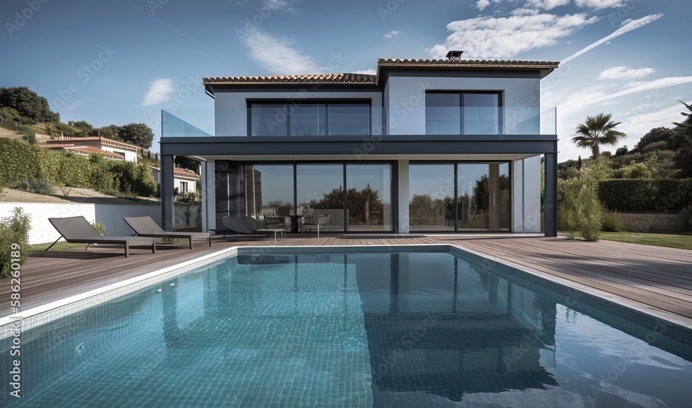 Fototapeta premium Luxury traditional French mansion with pool and garden, generative ai