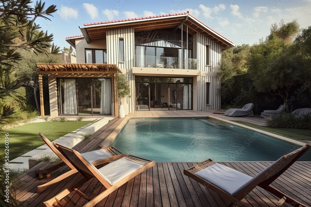 Fototapeta premium Luxury stone French mansion with veranda pool and garden, generative ai