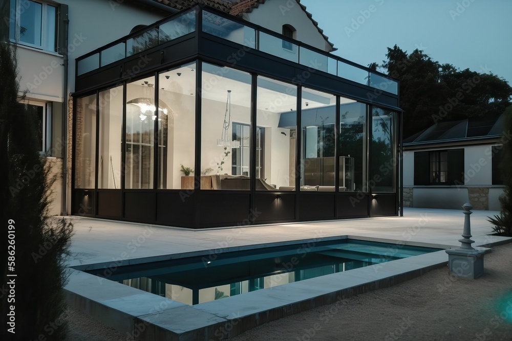 Obraz premium Luxury stone French mansion with veranda pool and garden, generative ai