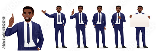Handsome business African man in suit different gestures set isolated vector illustration