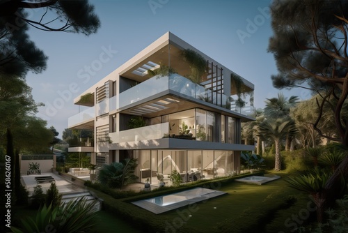 Luxurious residential development with pool, generative ai © FrankBoston