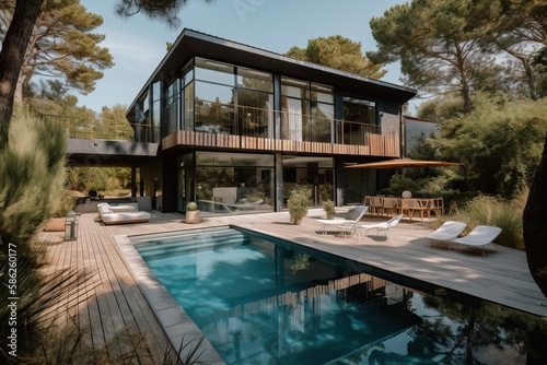 Luxury stone French mansion with veranda pool and garden, generative ai