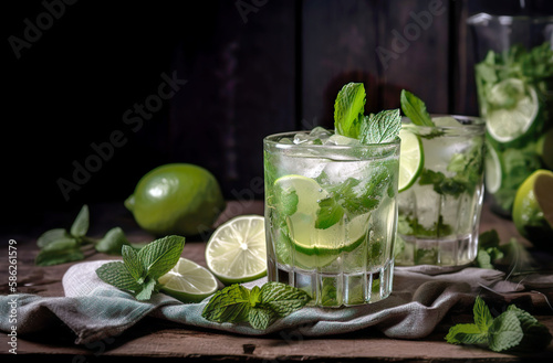 Mojito Cocktail Lime and Mint. Refreshing, fresh drink. AI generated illustration.