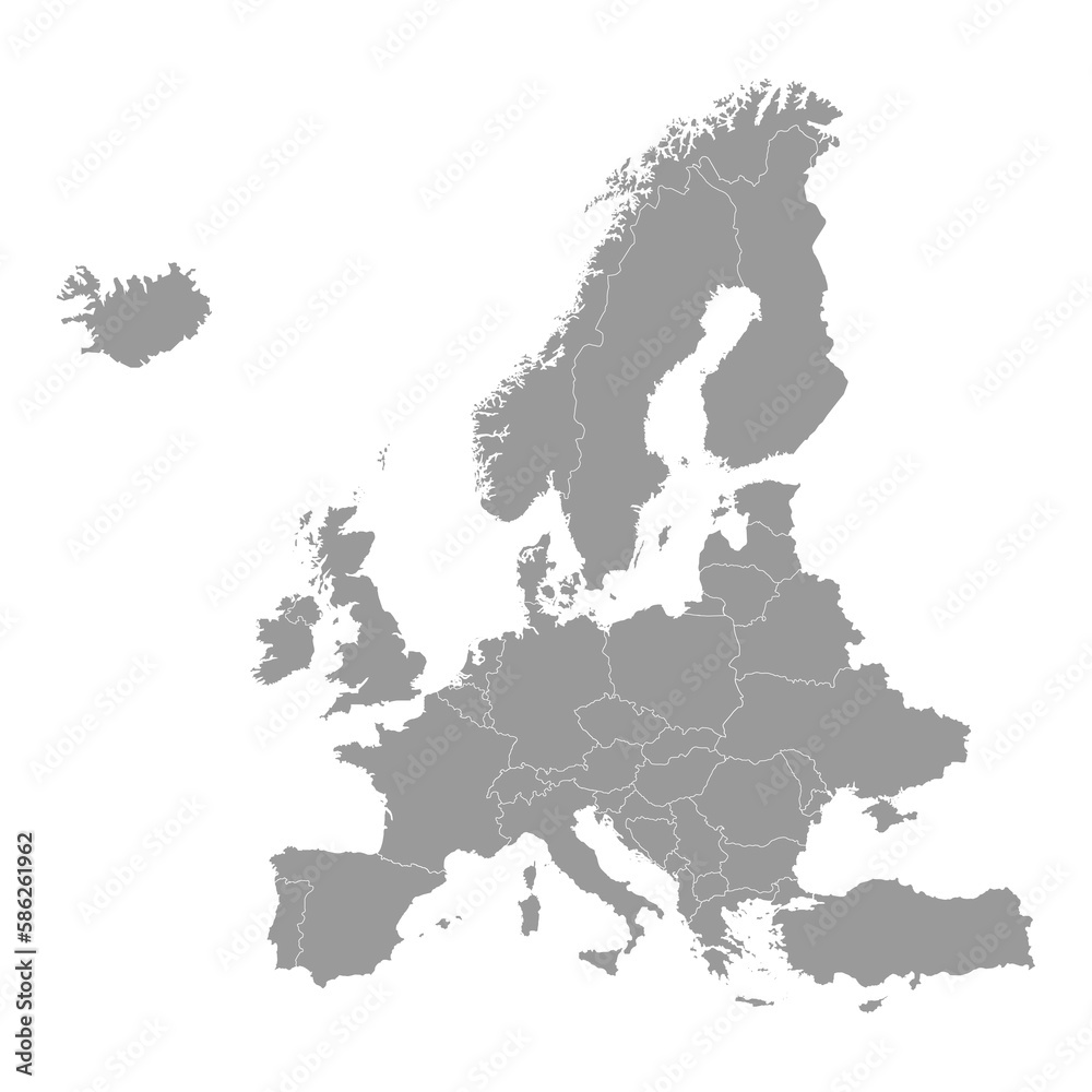 High quality grey map of Europe with borders of the regions