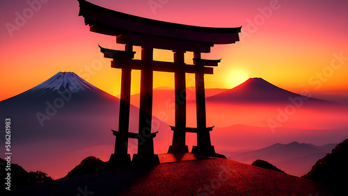 Japanese Torii Gate at Sunset with Mountains in the distance surrounded by clouds, Generative AI Art