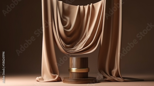 3D display podium, brown background with wood frame. Generative Ai