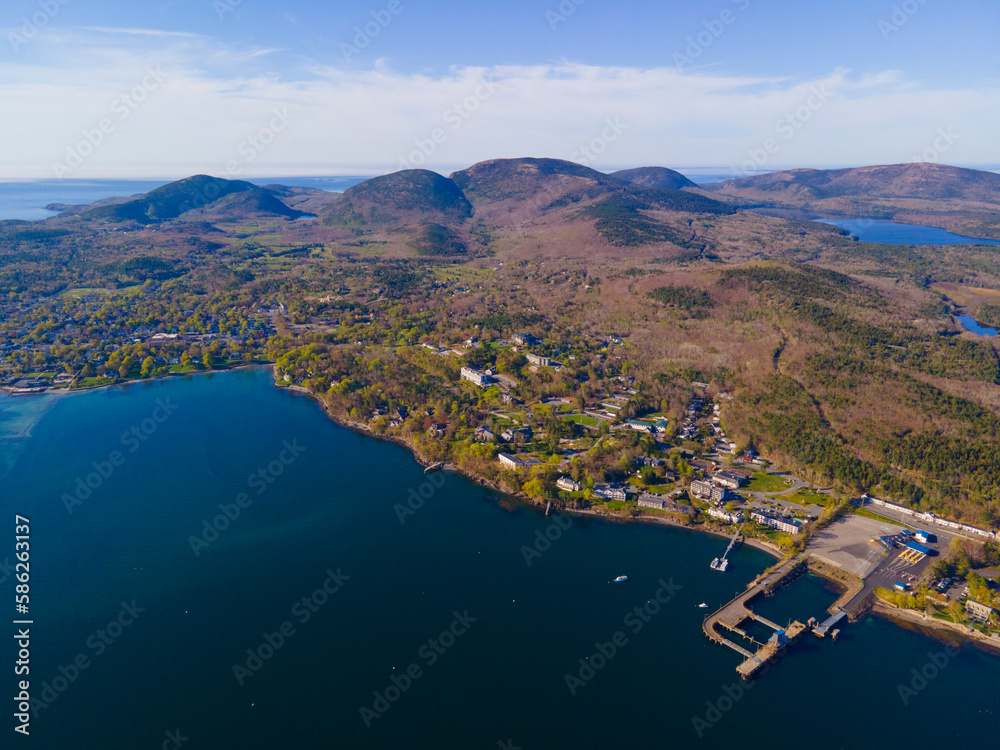 Obraz premium Bar Harbor Ferry Terminal aerial view with Cadillac Mountain in Acadia National Park at the background on Mt Desert Island, Bar Harbor, Maine ME, USA.