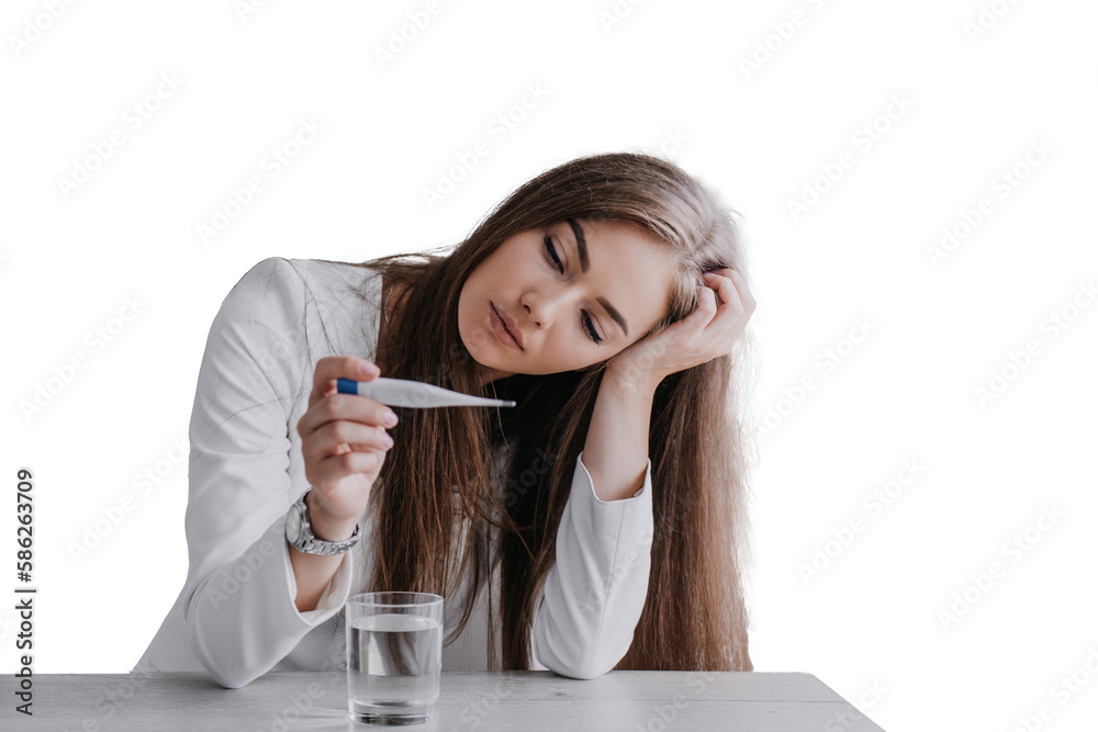 blonde caucasian young woman in white suit feels bad sits at table holds thermometer measures body temperature against transparent background. Beautiful female leans on hand feels fatigue. Illness blonde caucasian young woman in white suit feels bad sits at table holds thermometer measures body temperature against transparent background. Beautiful female leans on hand feels fatigue. Illness