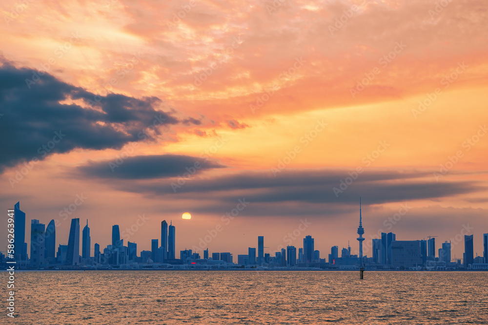 View of the Kuwait skyline - with the best known landmark of Kuwait City - during sunset