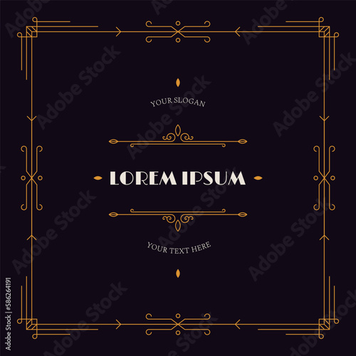Art deco retro card. Vintage 1920s gold frame, nouveau line border luxury badge postcard invitation. Vector illustration