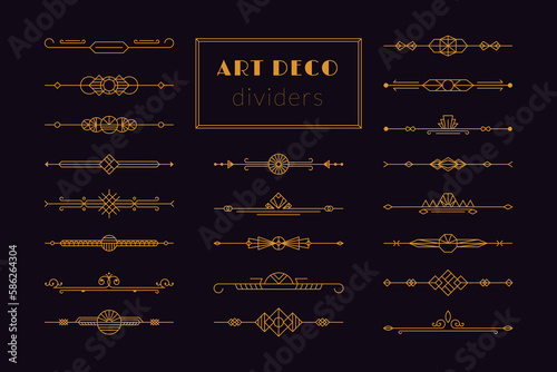 Art deco divider. Retro gold border 1920s decorative ornament, minimal frame header for invitation card. Vector line set