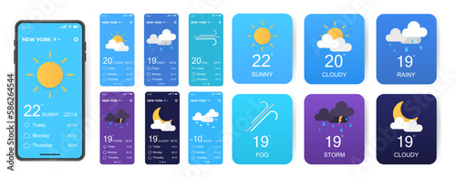 Mobile weather app interface design. GUI elements for weather forecast mobile app. Realistic phone. Temperature, weather condition user interface generator. Ui ux toolkit vector illustration