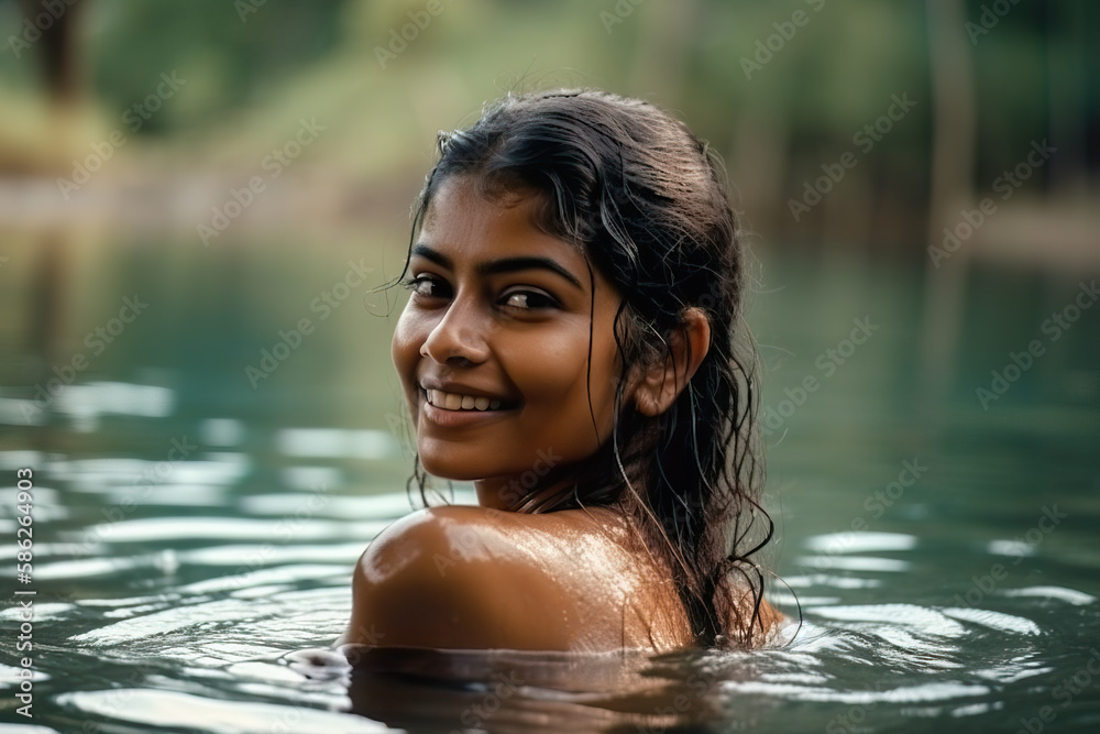 25-year-old-asian-woman-swinning-in-a-river-generative-ai-stock