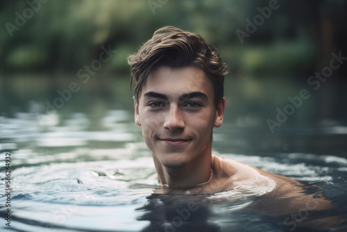 25 year old man swimming in water. Generative AI.