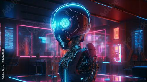 a futuristic robot with neon lights, glowing interfaces, robotic shapes, advanced machinery, artificial intelligence, sleek and polish - Generated by AI