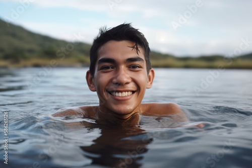 Smiling 25 year old man floating in water. Generative AI.