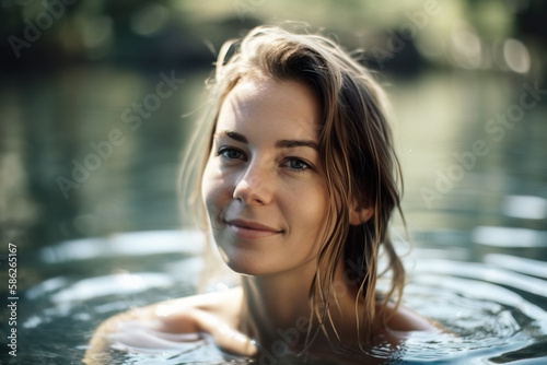 Young woman relaxing in the water on holiday. Generative AI. © OPPERMAN