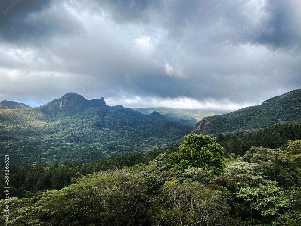 Scenic view of beautiful forested valley with mountains in background in Panama.