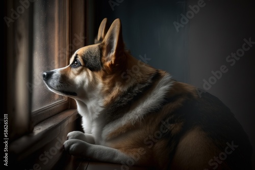 The dog sits by the window and looks out, generative AI