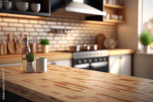 Wood table in blurry of modern restaurant room or coffee shop for product display mockup. Light wood restaurant table on blurred kitchen background. Realistic 3D illustration. Creative AI