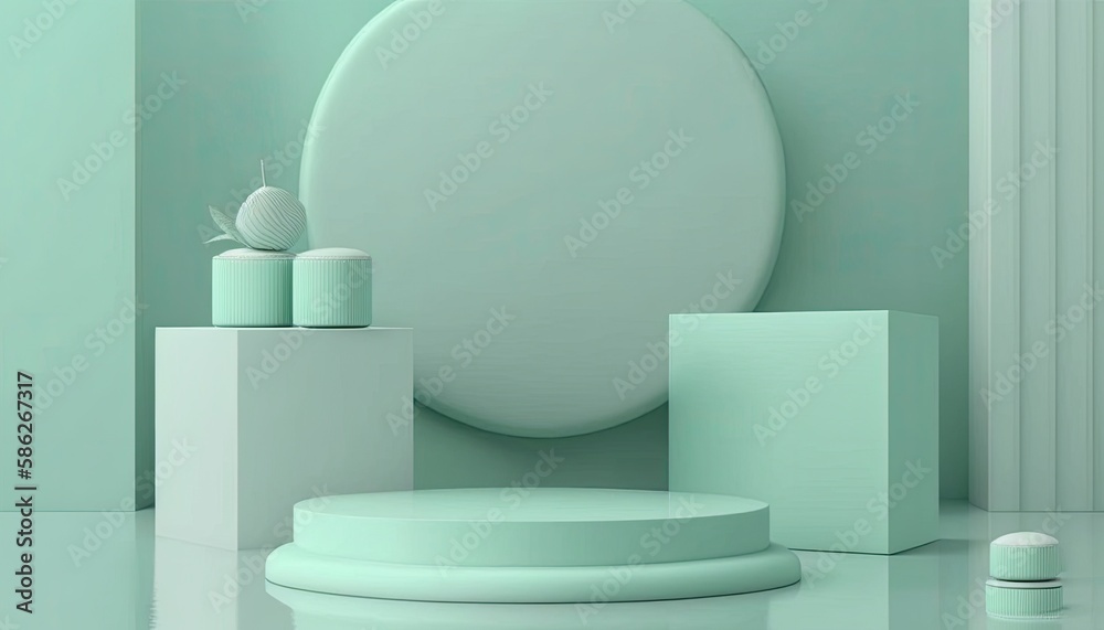 Empty podium, mock up placement display, blank beauty stand for cosmetic product fashion ads on minimal green background. Luxury pedestal stage mockup scene platform ai generative concept. Empty podium, mock up placement display, blank beauty stand for cosmetic product fashion ads on minimal green background. Luxury pedestal stage mockup scene platform ai generative concept.